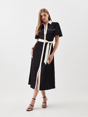 Karen Millen Black Midi Shirt Dress with Cream Trim